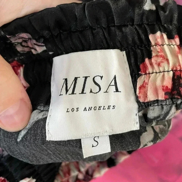 MISA Los Angeles Belva Blouse Off the Shoulder Black Velvet Bow Floral Satin - Picture 10 of 15